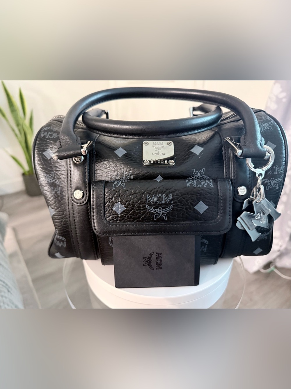 MCM Black Visetos Monogram Mini Boston Satchel